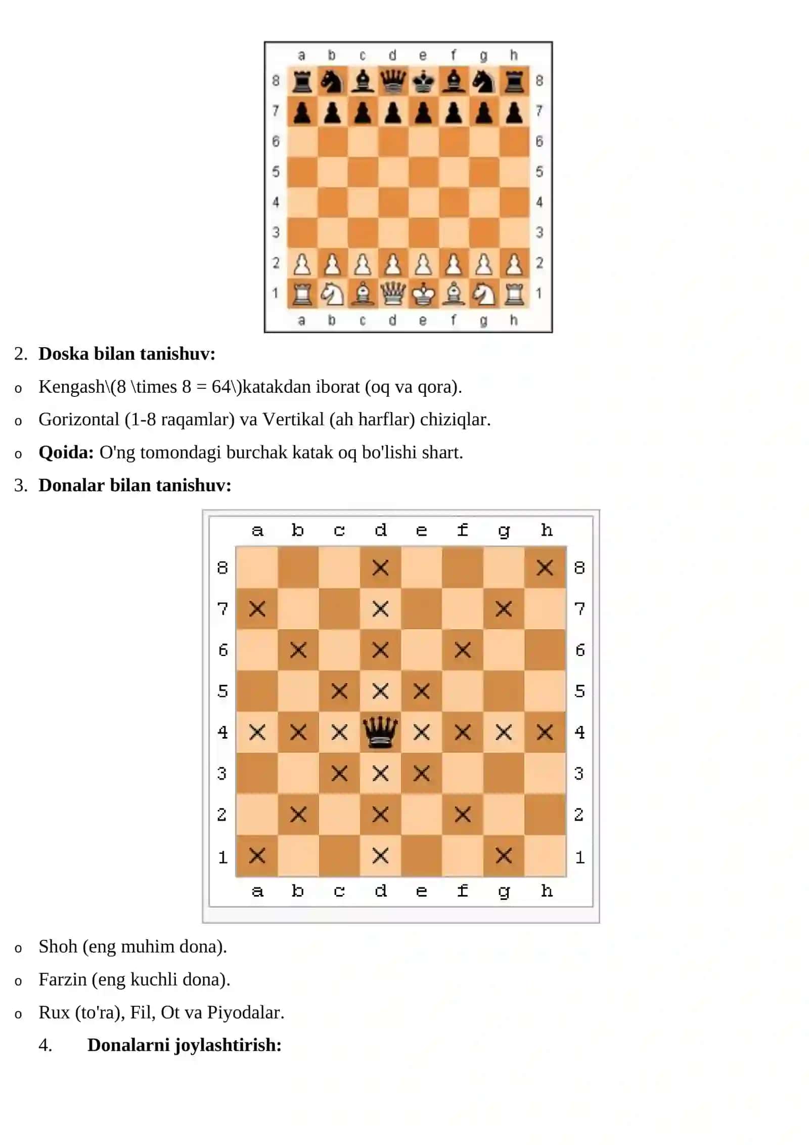 Shaxmat doskasi, donalar va sud joylashuvi 2