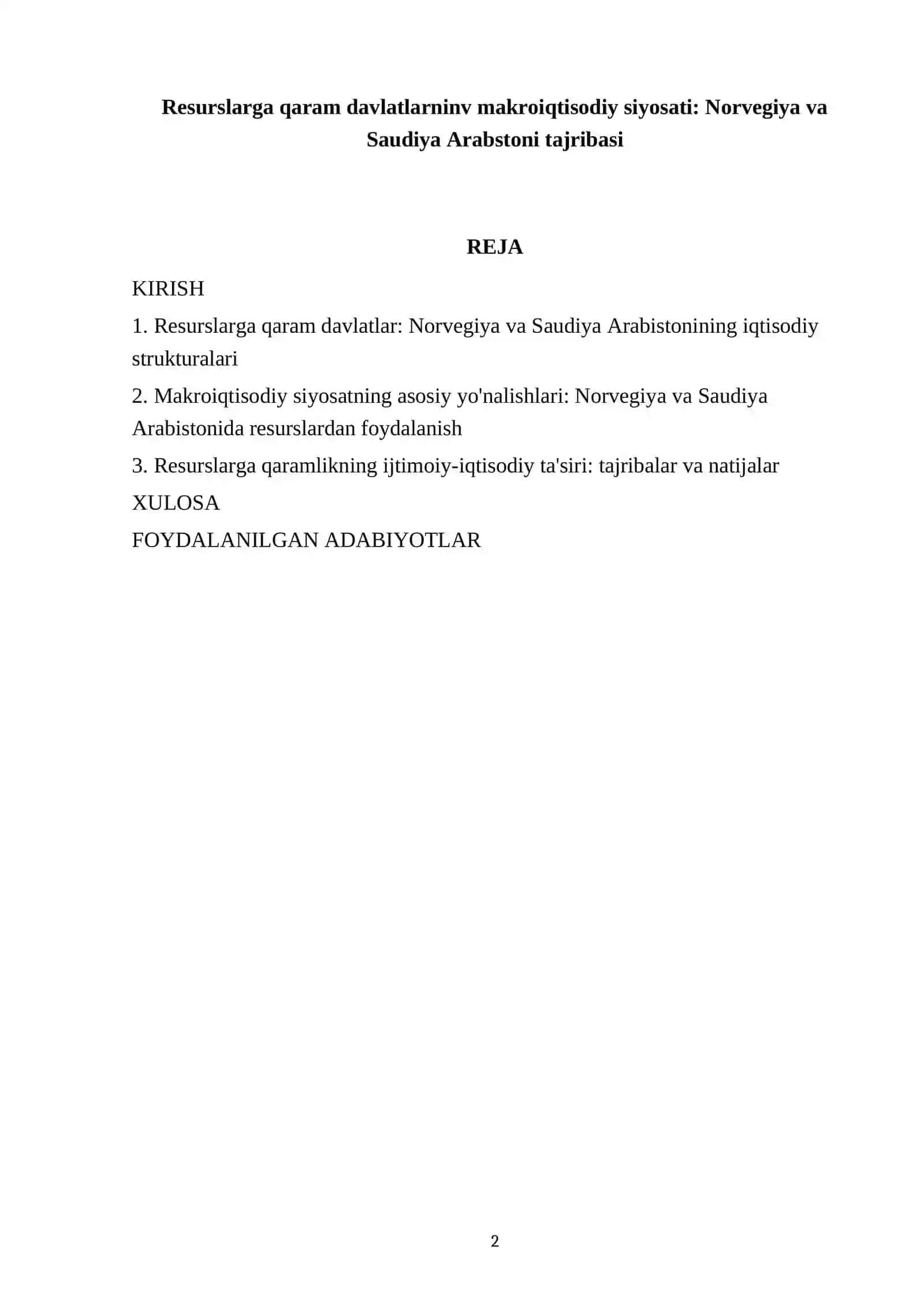 Resurslarga qaram davlatlarnin makroiqtisodiy siyosati: Norvegiya va Saudiya Arabstoni tajribasi 2
