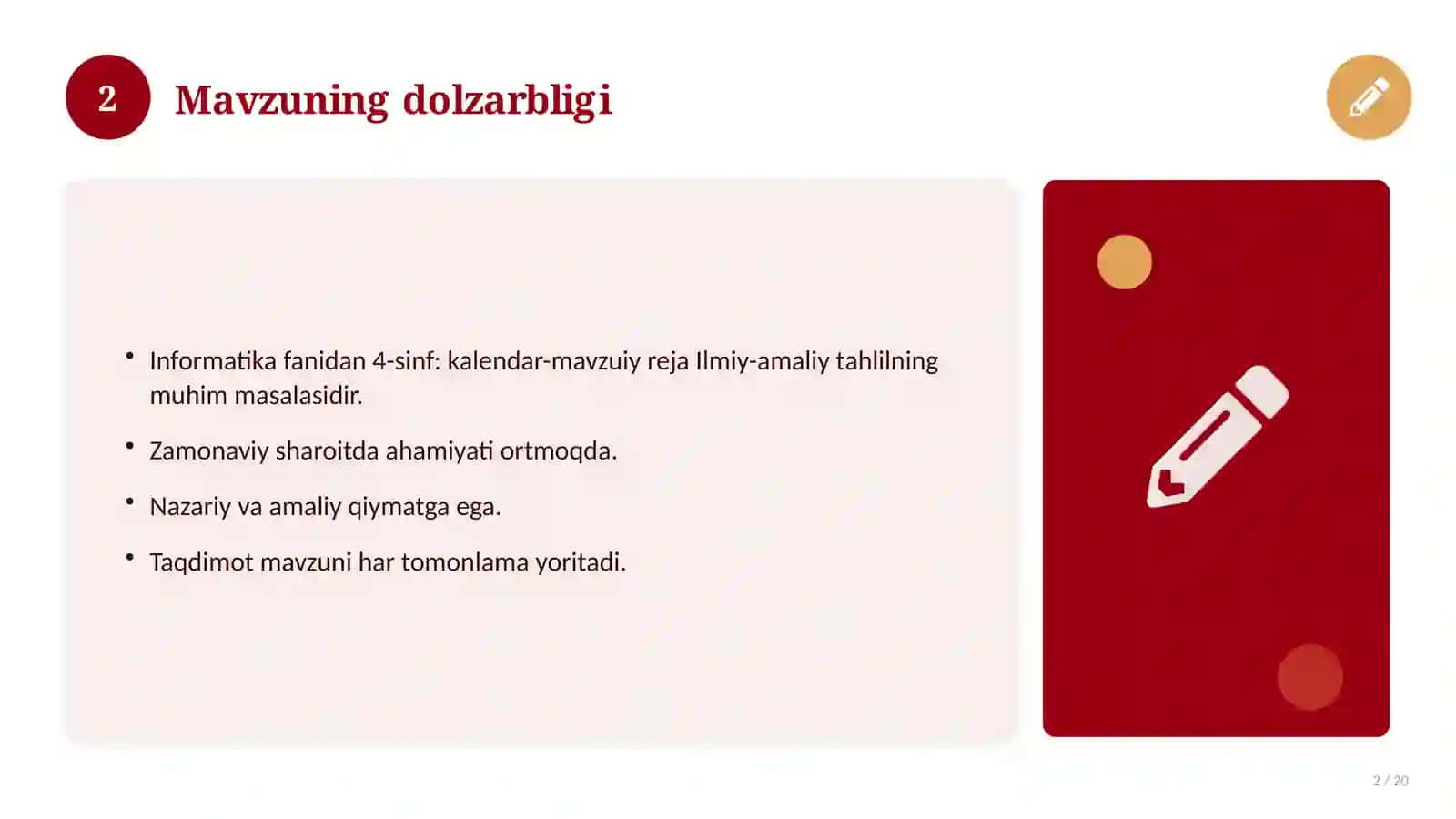 Informatika fanidan 4-sinf: kalendar-mavzuiy reja 2
