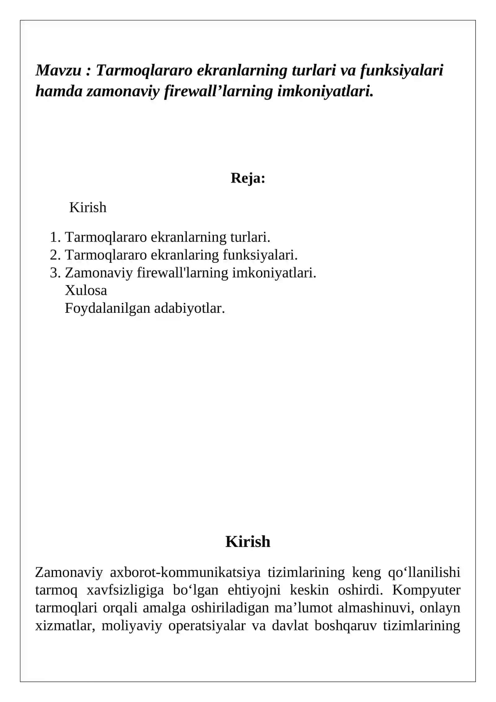 Tarmoqlararo ekranlarning turlari va funksiyalari hamda zamonaviy firewall’larning imkoniyatlari 2
