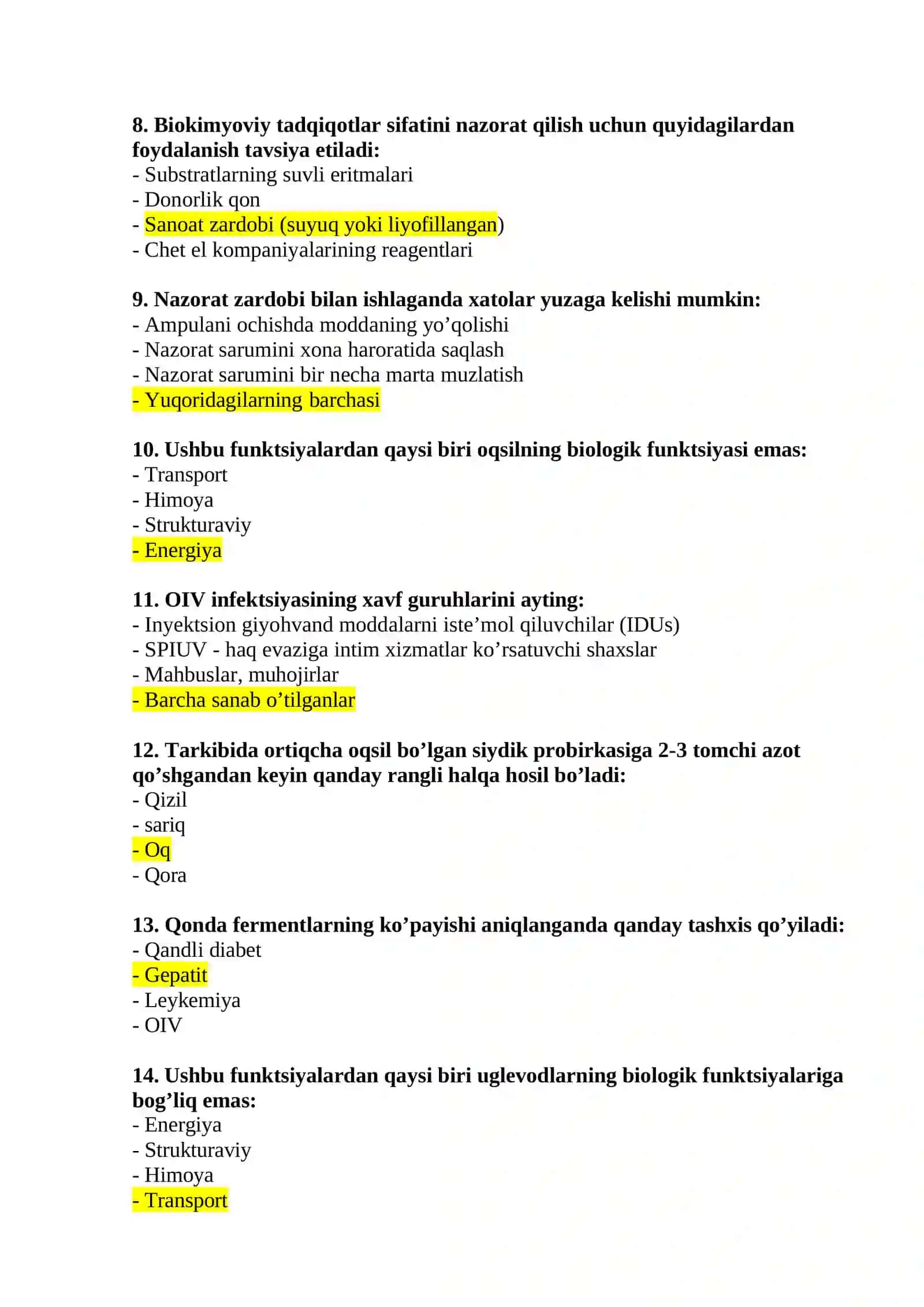 Laboratoriya ishi mutaxassisligi bo’yicha shakllantirilgan test savollari ro’yx ati 2