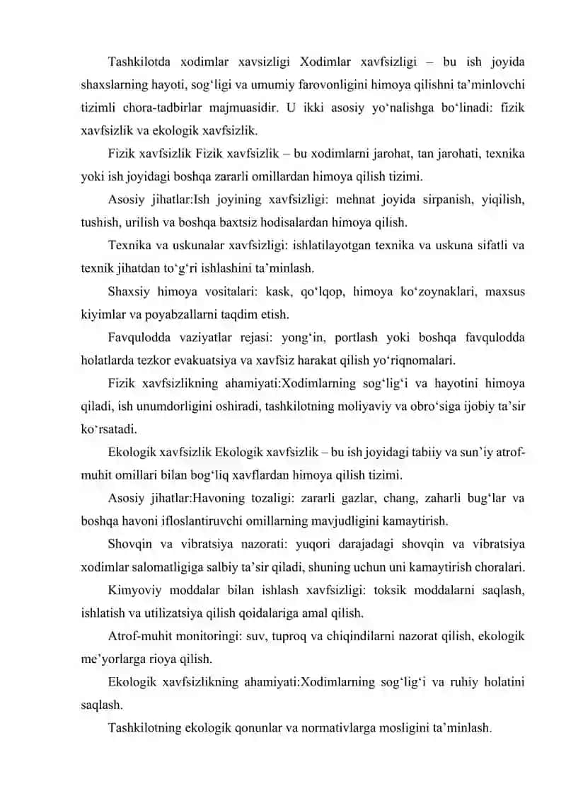 TASHKILOTDA XODIMLAR XAVSIZLIGI. FIZIK VA EKOLOGIK XAVSIZLIK 2