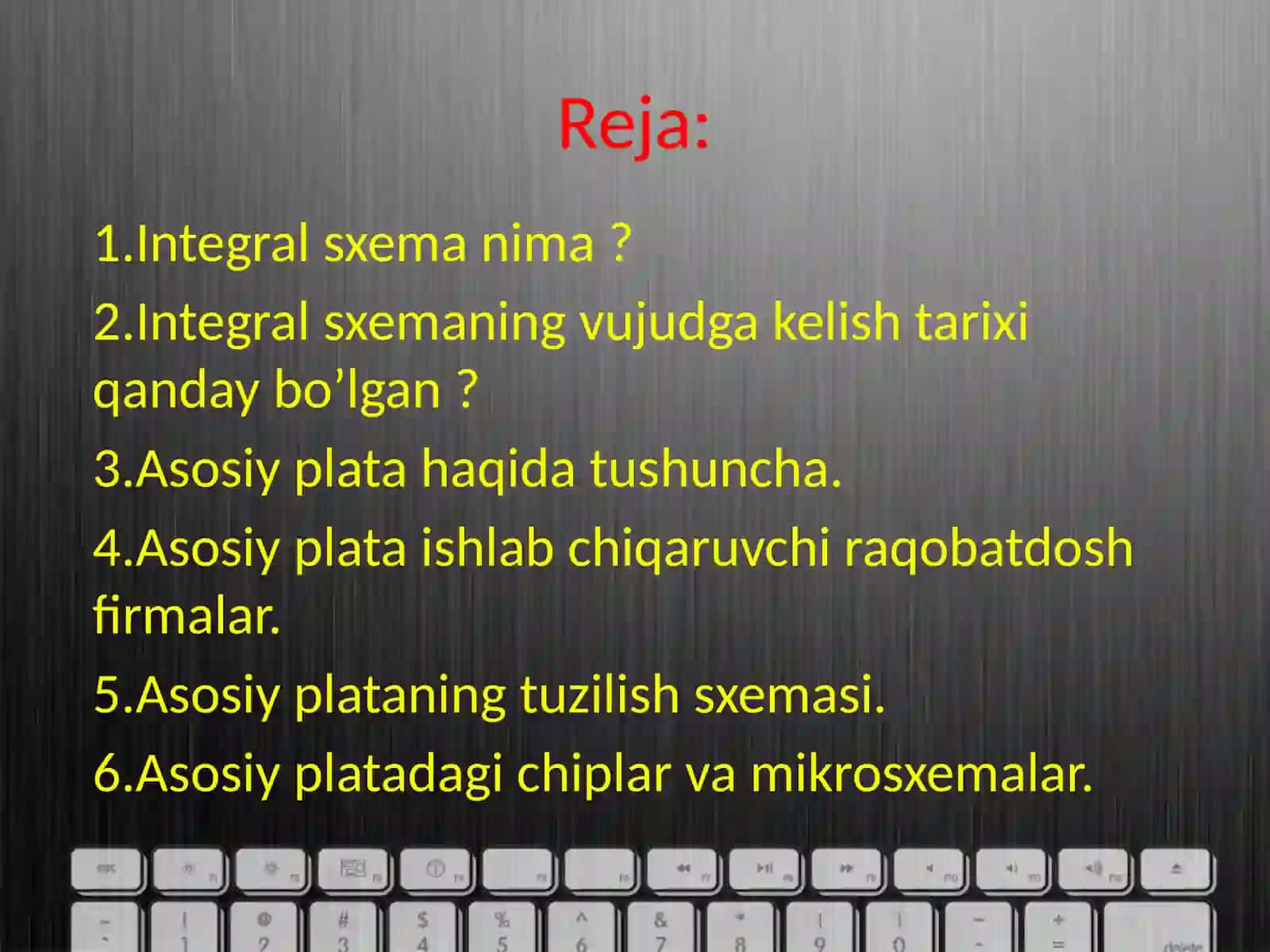 Integral sxemalar haqida tushuncha, asosiy plataga o’rnatilgan chiplar,mikroelektron vositlar  va qurilmalarning tuzilish prinspi. 2