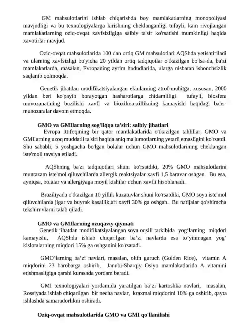 Oziq-ovqat mahsulotlarida GMO va GMI: tibbiy aspektlari va foydalanish 2