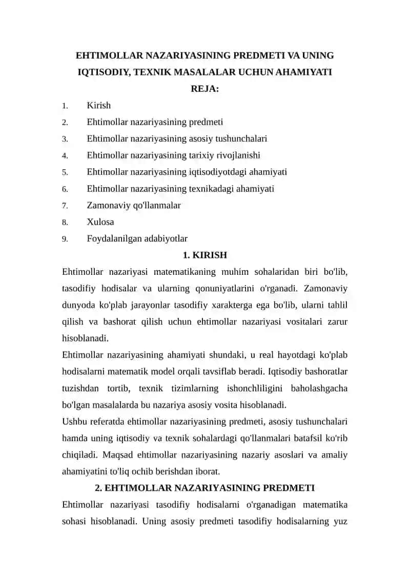 Ehtimollar nazariyasining predmeti va uning iqtisodiy, texnik masalalar uchun ahamiyati. 2