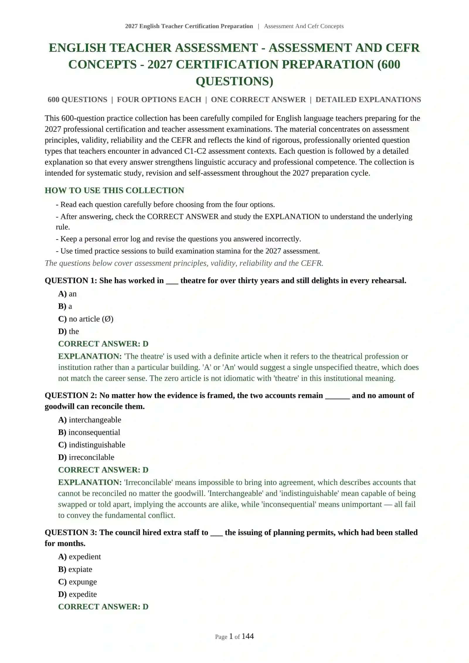 English Teacher Assessment - Assessment and CEFR Concepts | 2027 Certification Preparation 2