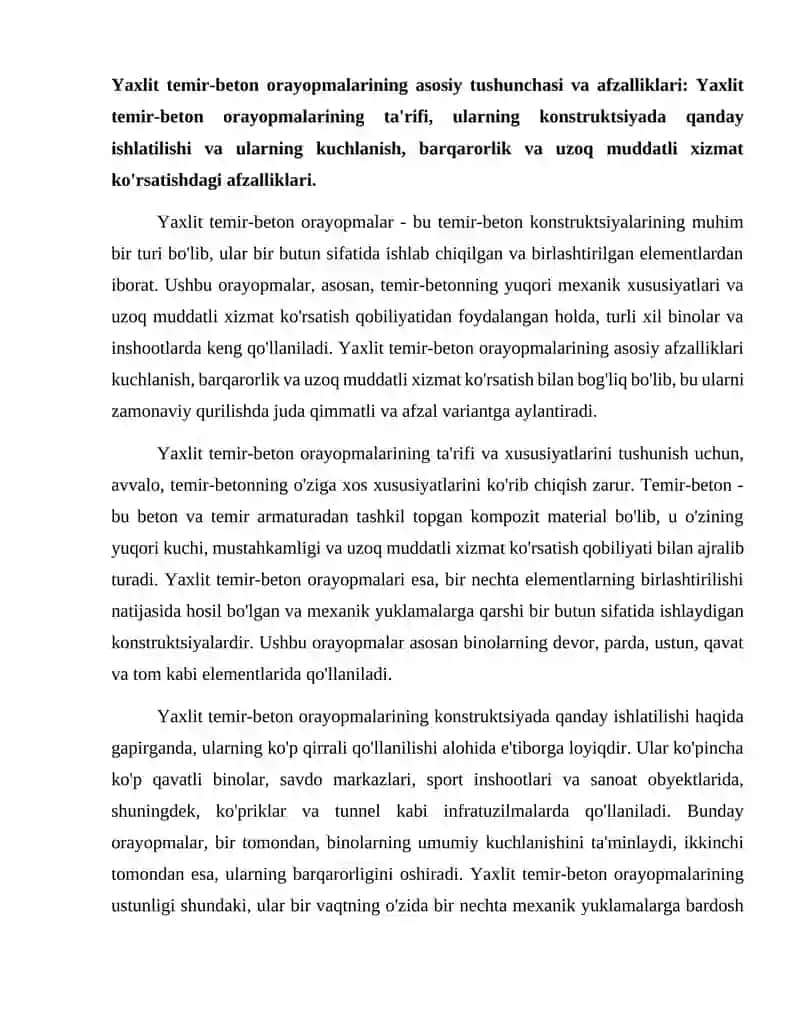 Yaxlit temir -beton orayopmalar qanday binolarida qo'llaniladi 2