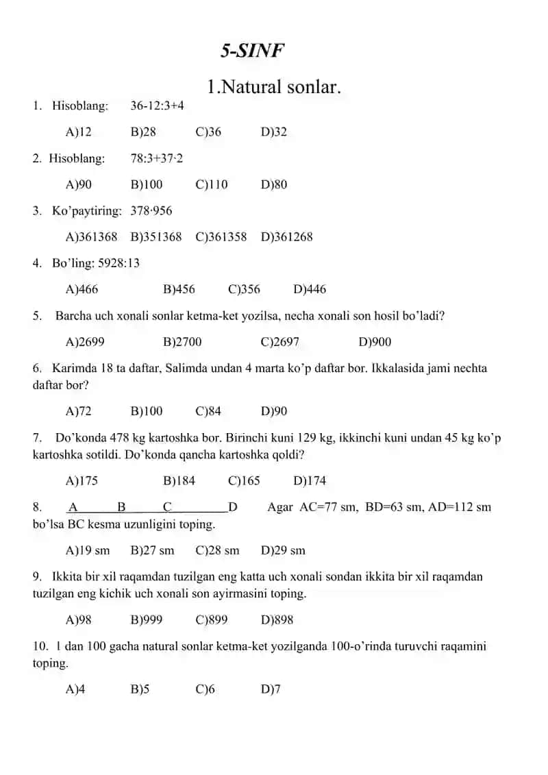 5-6- sinf MATEMATIKADAN MAVZULASHTIRILGAN TESTLAR 2