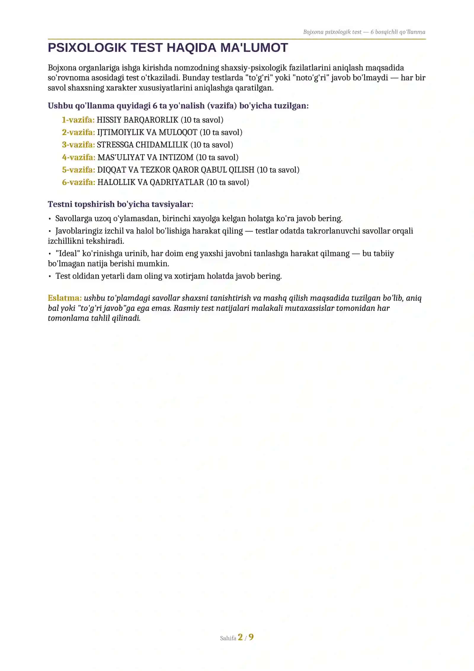 Bojxona psixologik testlar 2