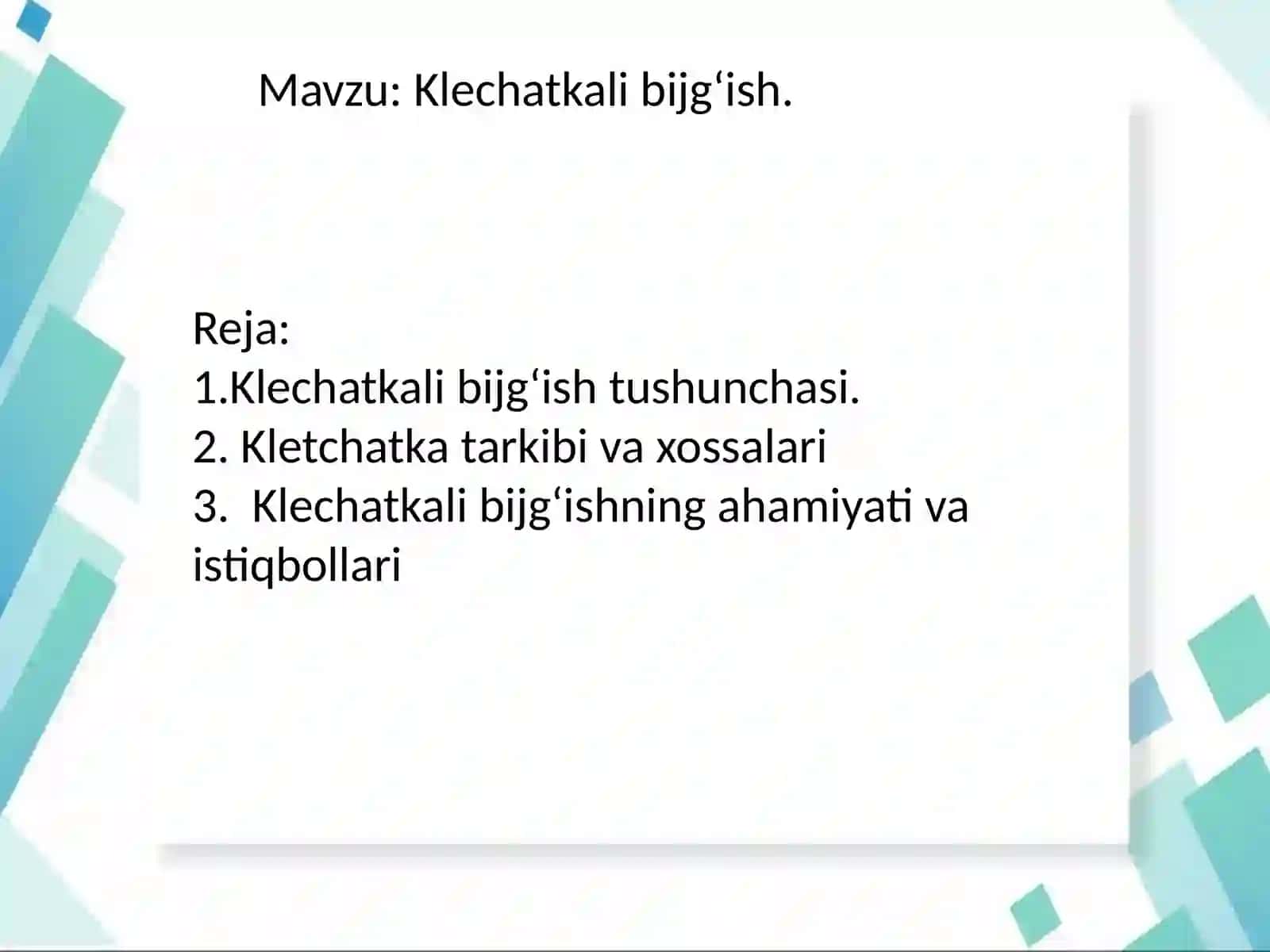 Kimyo texnalogiya fakulteti taqdimoti: Klechatkali bijgʻish 2