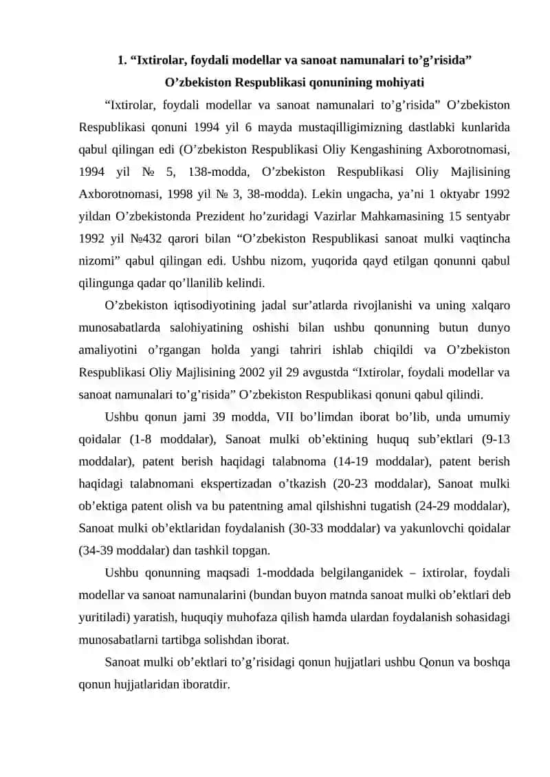 "Ixtirolar, foydali modellar va sanoat namunalari to’g’risida" 2