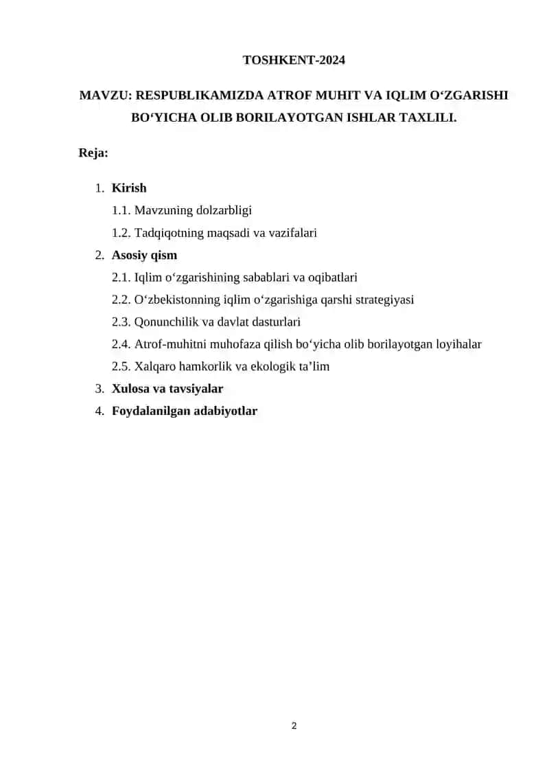 RESPUBLIKAMIZDA ATROF MUHIT VA IQLIM OʻZGARISHI BOʻYICHA OLIB BORILAYOTGAN ISHLAR TAXLILI 2