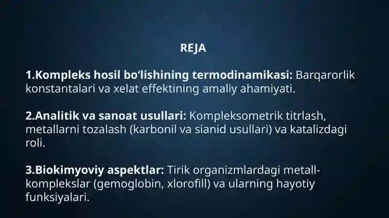 Komplekslarini Olinishi va Xossalarini O'rganish va Tahliliy Ma'lumotlar 2