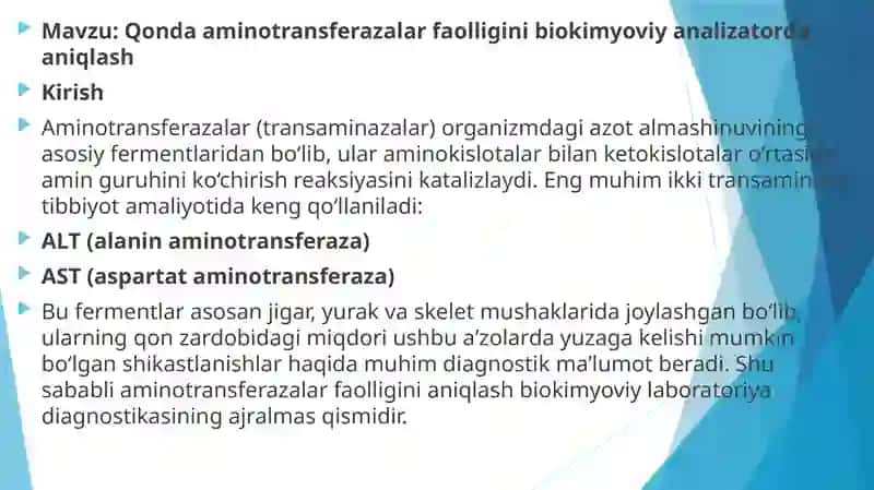 Qonda aminotransferazalar faolligini biokimyoviy analizatorda aniqlash 2