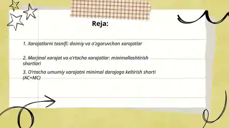 Ishlab chiqarish xarajatlarini minimallashtirish shartlari va korxonaning zararsiz ishlash nuqtasini hisoblash yo'llari 2