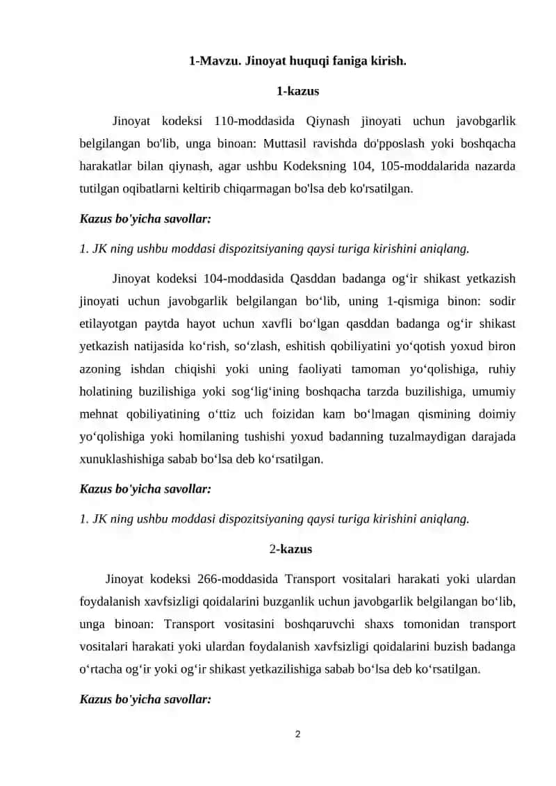 Jinoyat Huquqi (Umumiy Qism) Kazuslar To'plami 2