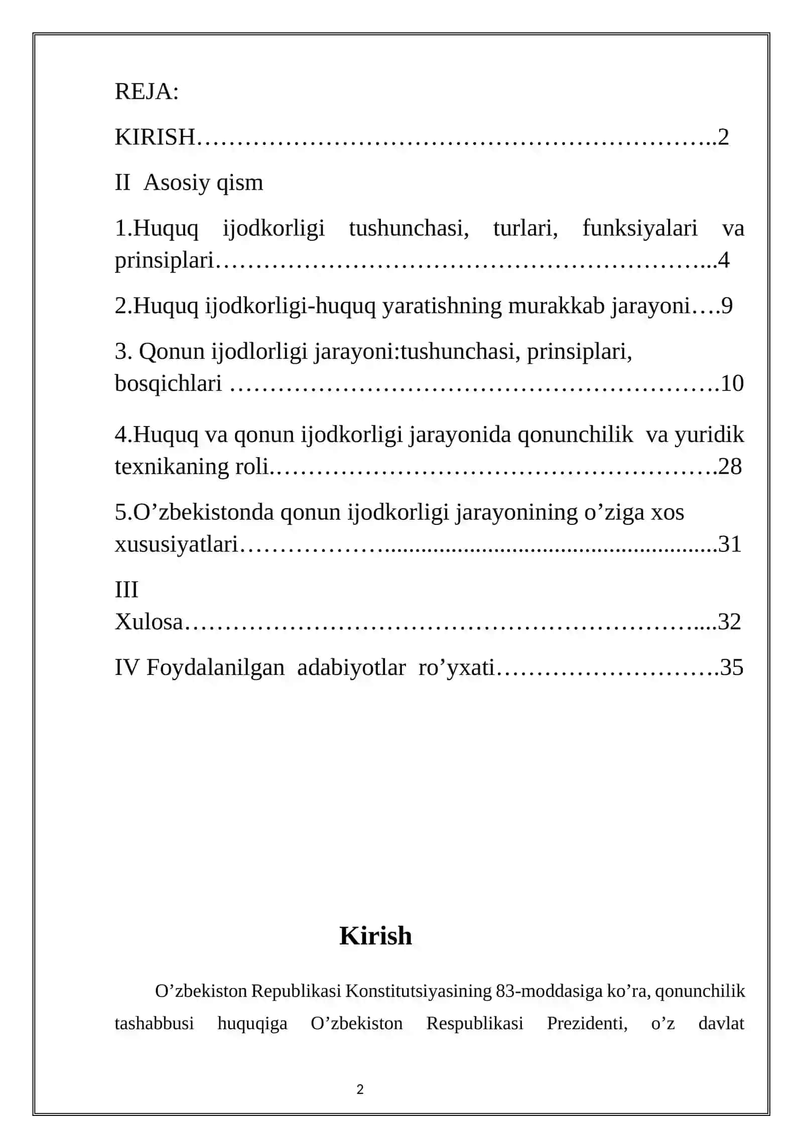 “HUQUQ IJODKORLIGI TUSHUNCHASI, TURLARI, FUNKSIYALARI VA PRINSIPLARI” MAVZUSIDAGI KURS ISHI 2