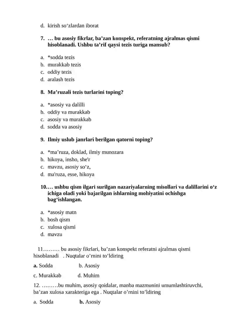 Akademik yozuv fanidan "TEZISLAR. TEZISLAR TUZISH. TEZISLAR YOZISH USLUBI" mavzusida test savollari (javoblari bilan) 2