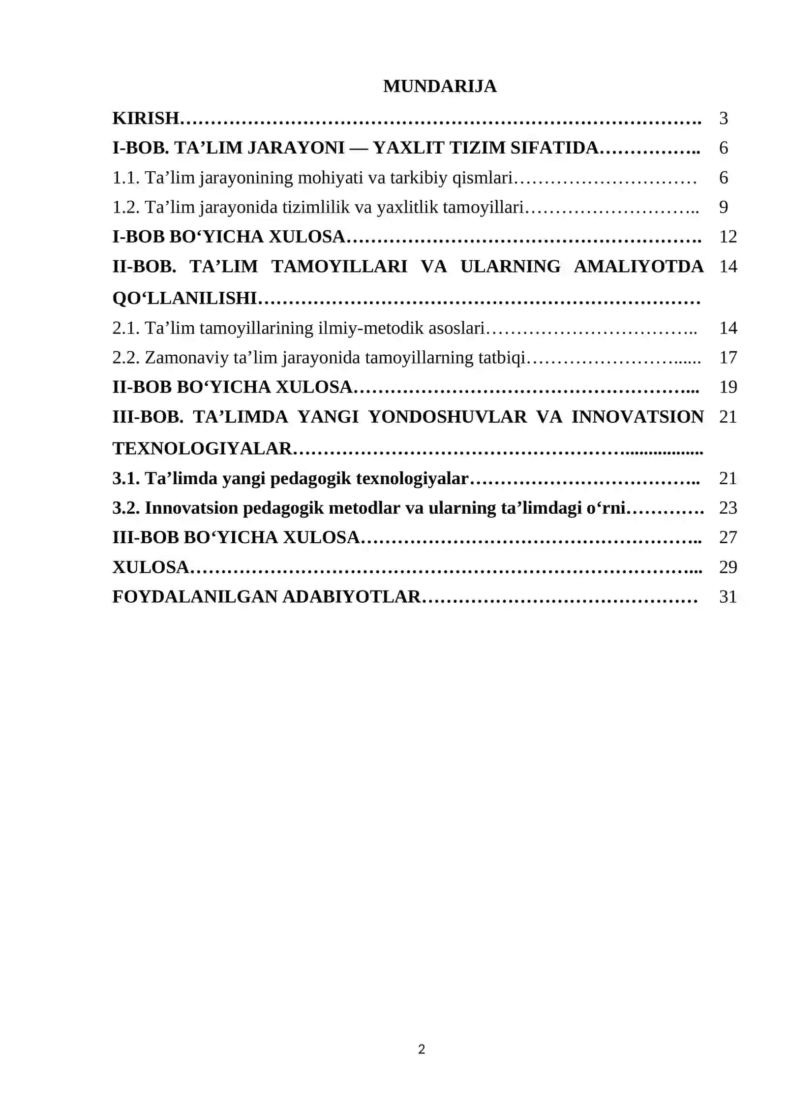 Ta'lim jarayonini yaxlit tizim sifatida. ta'lim tamoyillari 2