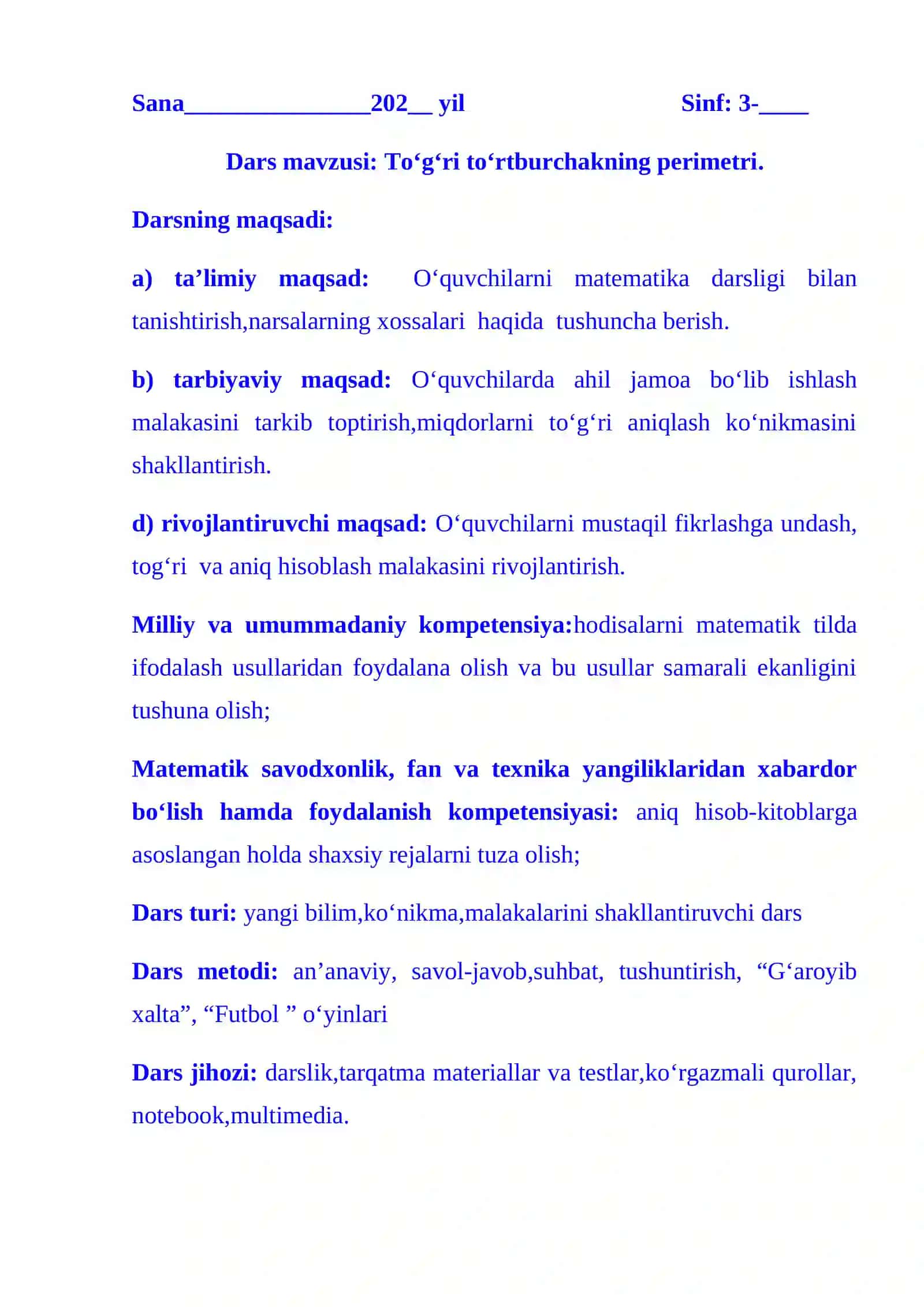 3-sinf Matematika fanidan To'g'ri to'rtburchakning perimetri 2-chorak dars ishlanma 2