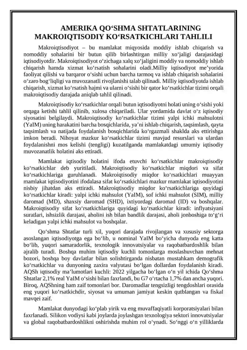 Amerika Qo‘shma Shtatlarining Makroiqtisodiy Ko‘rsatkichlari Tahlili 2