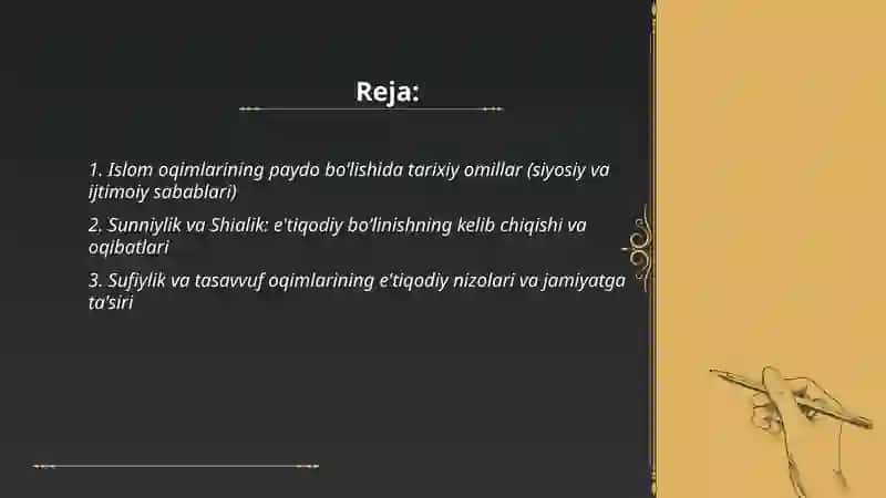 Islom oqimlari va yoʻnalishlarining paydo boʻlishi sabablari eʼtiqodidagi bo'linishning sabablari va oqibatlari 2