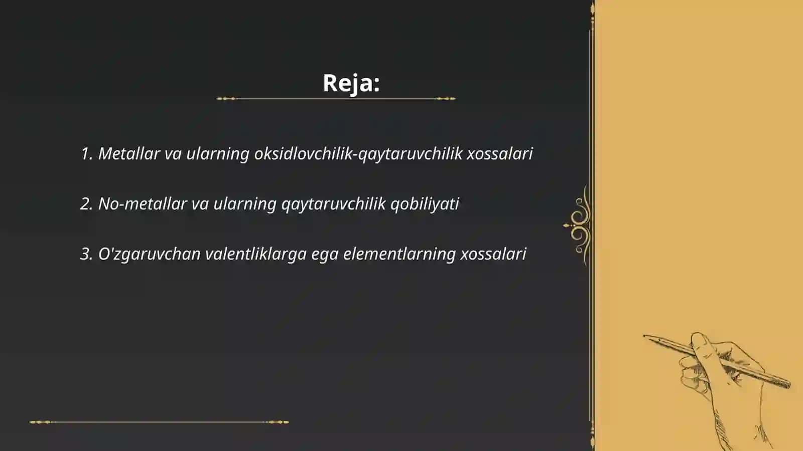 Elementlarning davriy jadvaldagi oʻrniga koʻra oksidlovchilik-qaytaruvchilik xossalarini oʻzgaroshi 2
