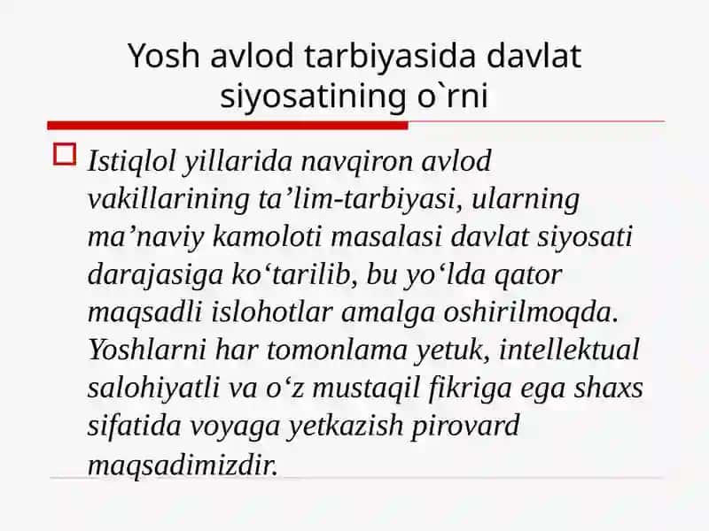 O'zbekiston Respublikasida yoshlarga oid davlat siyosati va uning mohiyati 2