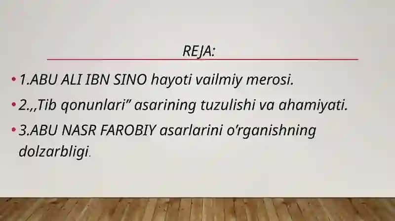 ABU ALI IBN SINO IJODI VA FAOLIYATI. ,,TIB QONUNLARI’’ASARINING OLAMSHUMUL AHAMIYATI. ABU NASR FAROBIY ASARLARINI O’RGANISHNING DOLZARBLIGI. 2