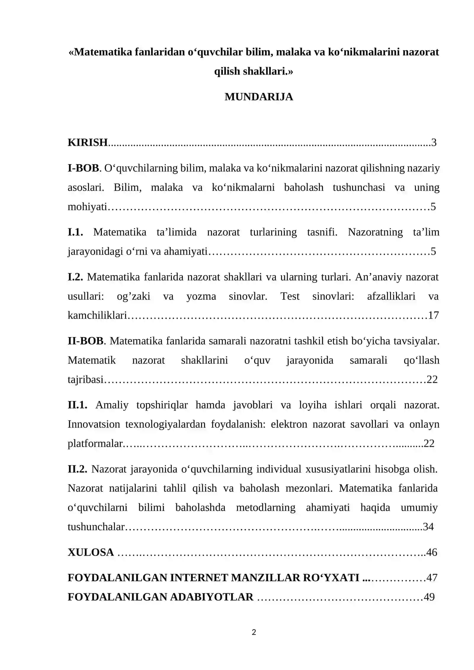 Matematika fanlaridan o‘quvchilar bilim, malaka va ko‘nikmalarini nazorat qilish shakllari 2