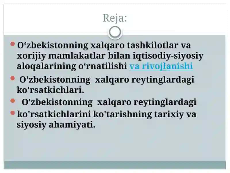 O'zbekistonning xalqaro reytinglardagi ko'rsatkichlarini ko'tarishning tarixiy va siyosiy ahamiyati 2