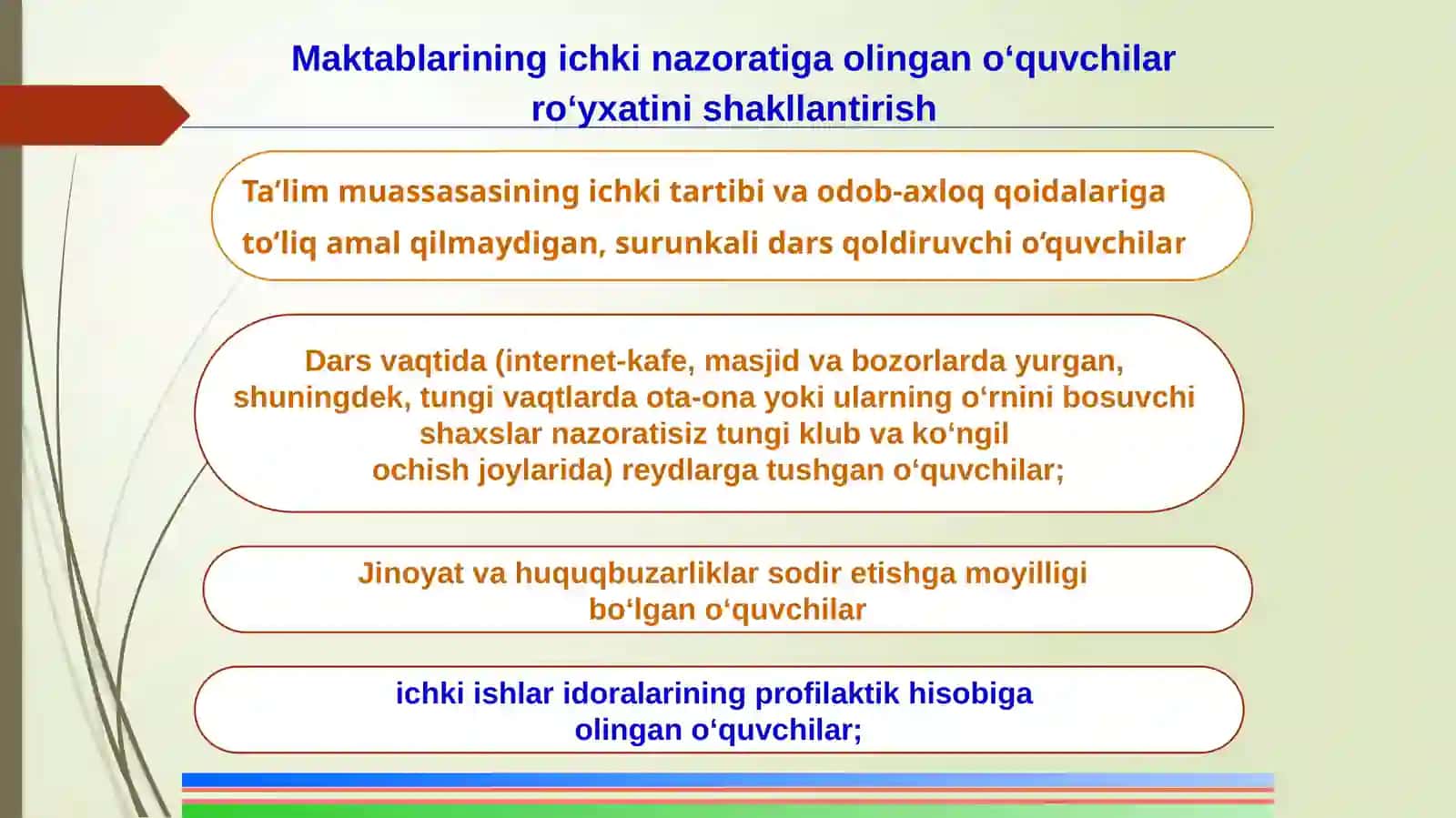 Umumiy o‘rta ta’lim maktablarida o‘quvchilarni ichki ro‘yxatga olish va ular bilan amalga oshiriladigan profilaktik tadbirlarni tartibga solish to‘g‘risida 2