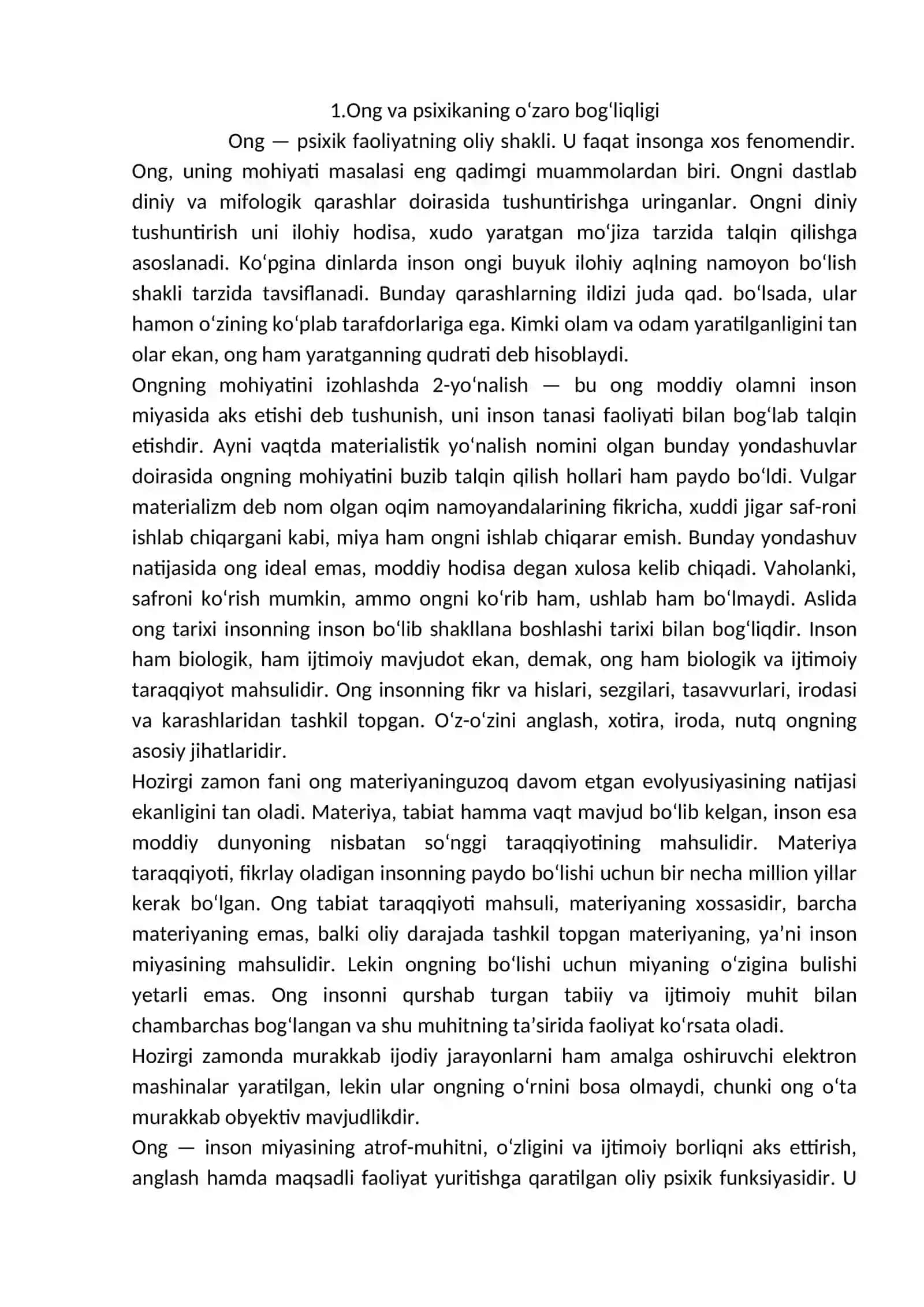 Ong haqida tushuncha va uning xossalari. Ong osti sohasi. Hozirgi zamon psixologiyasining tadqiqot metodlari. Psixikaning filogenetik taraqqiyoti 2