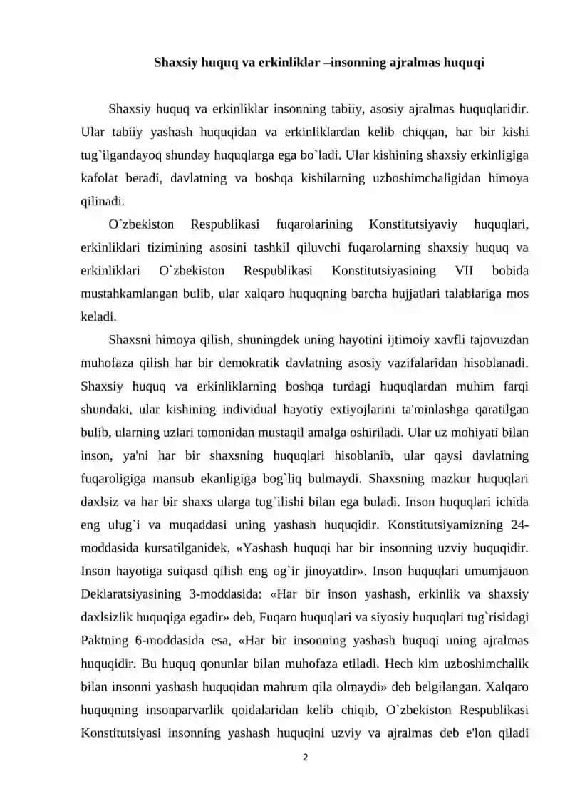 O'zbekiston Respublikasi fuqarolarining shaxsiy huquq va erkinliklari 2