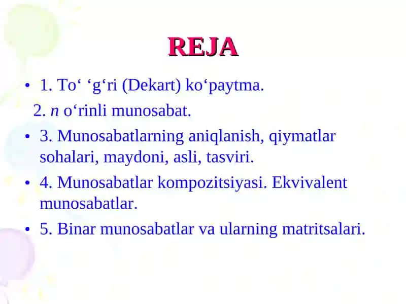To‘g‘ri (Dekart) ko‘paytma.Munosаbаt. Ekvivаlentlik munosаbati 2