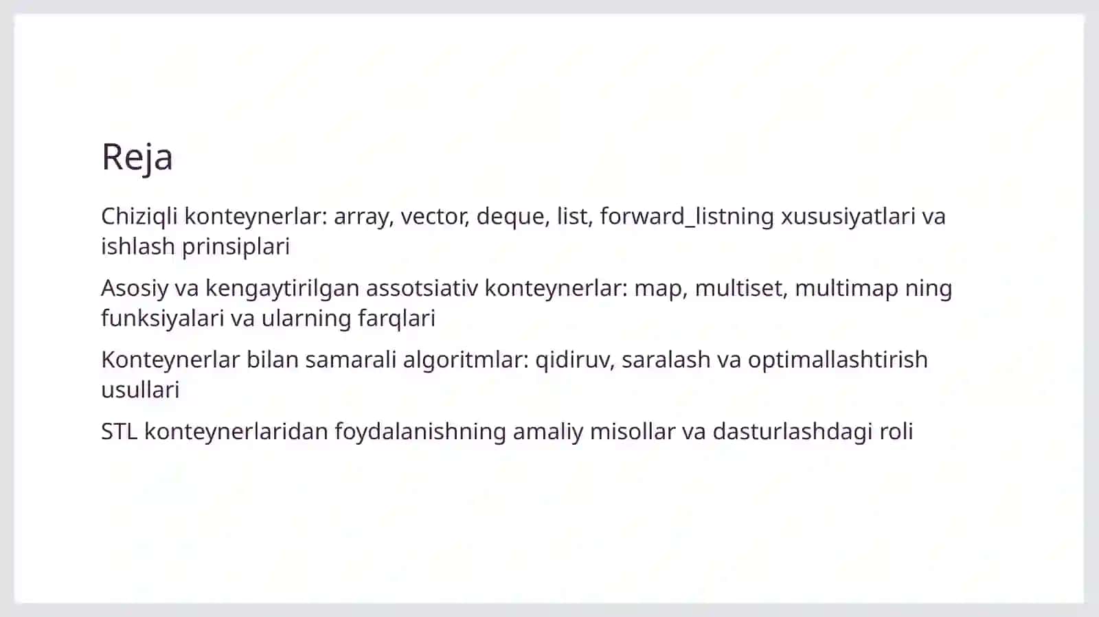 MT.2-STL kutubxonalari. Konteyner sinflar chiziqli konteynerlar (array, vector,deque,list,forward_list) va (map,multiset, multimap)ustida amallar bajarish 2