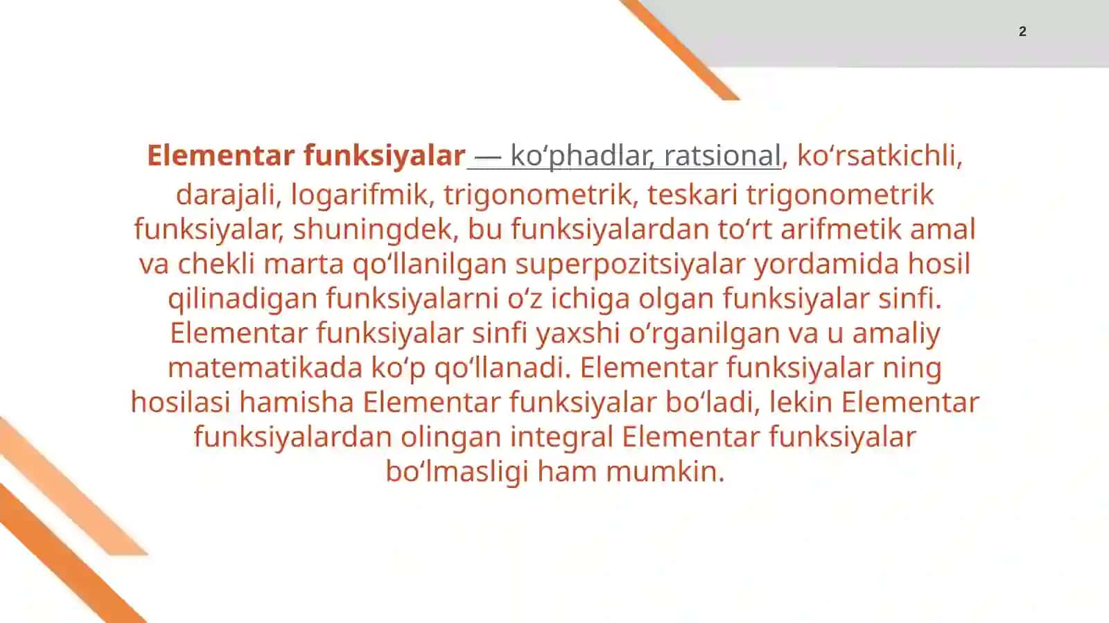 Elementar funksiyalar, ularning juft-toqligi, davriyligi, grafigi 2