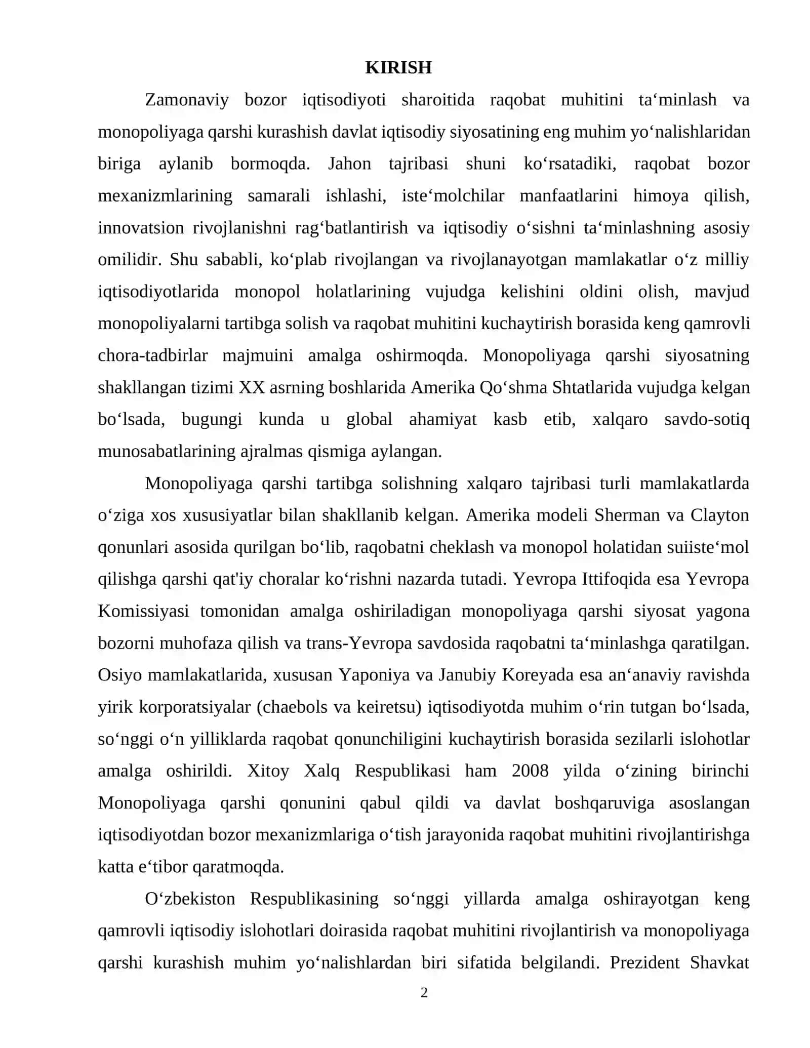Manopoliyaga qarshi siyosatni tashkil etish va amalga oshirishning xalqaro tajribasi 2