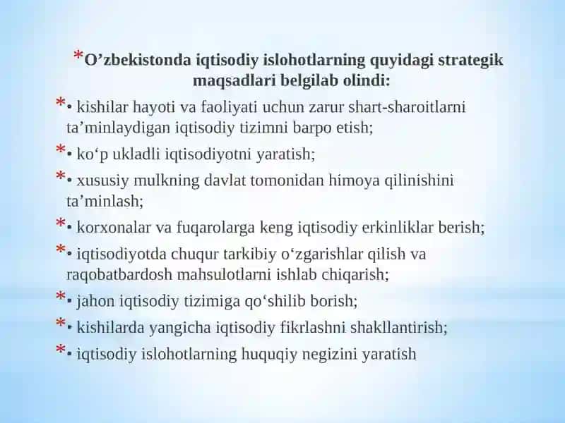 : Iqtisodiy islohotlar, xususiy mulkchilikning shakllanishi. O‘zbekistonda bozor munosabatlarining rivojlanishi 2