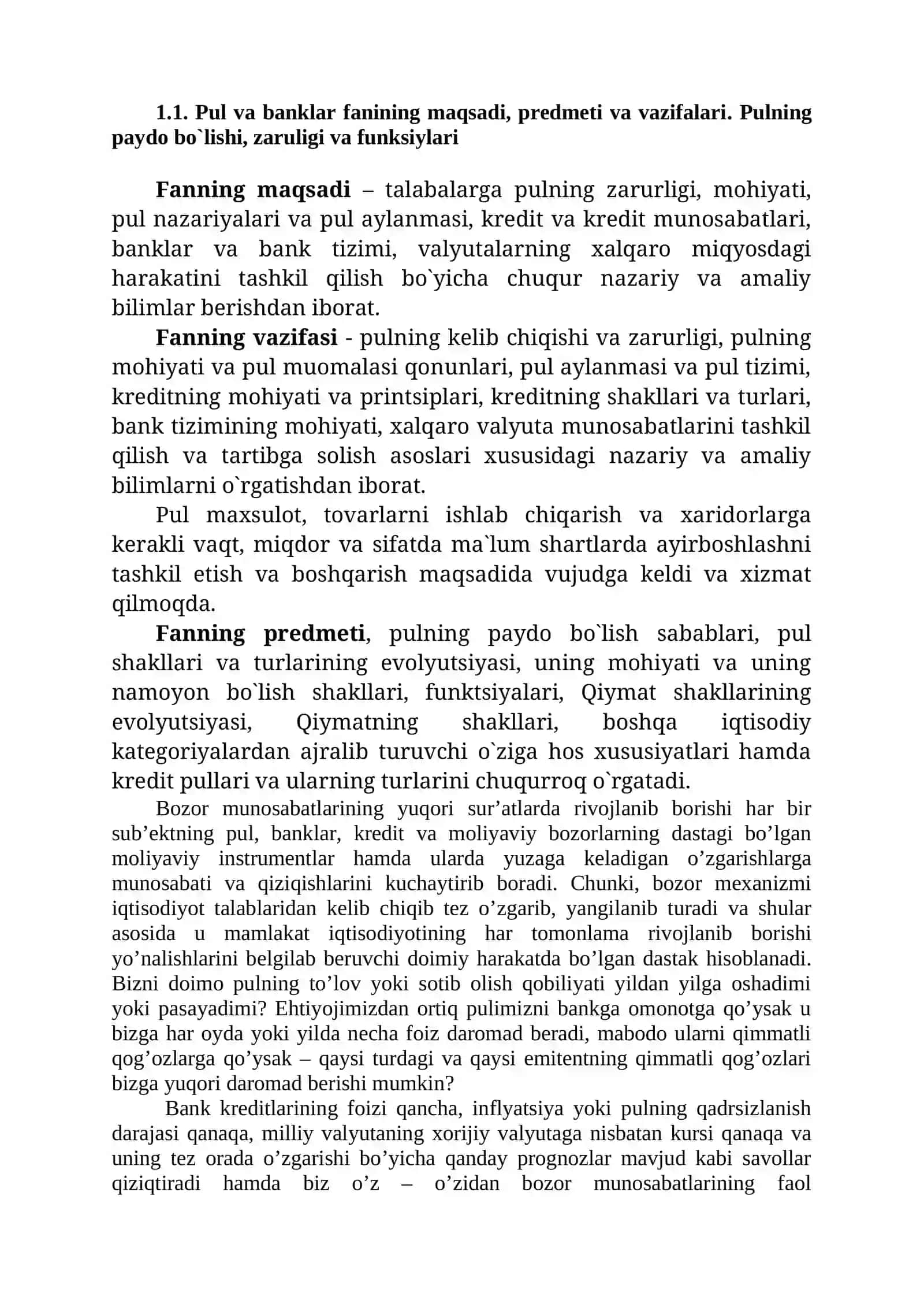 PUL VA BANKLAR fanining predmeti va vazifalari. Pulning paydo bo`lishi sabablari 2