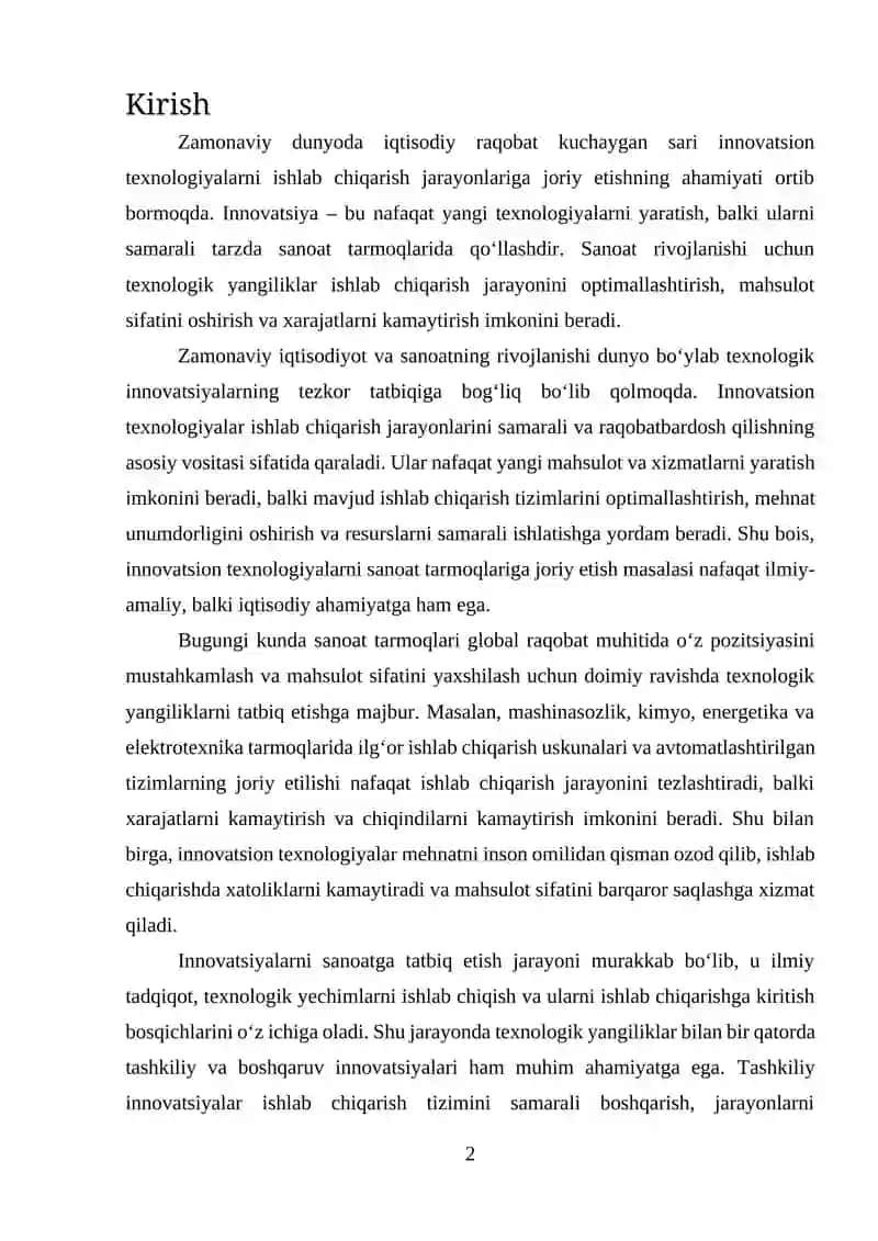 INNOVATSION TEXNOLOGIYALARNI SANOAT TARMOQLARIGA JORIY ETISH 2