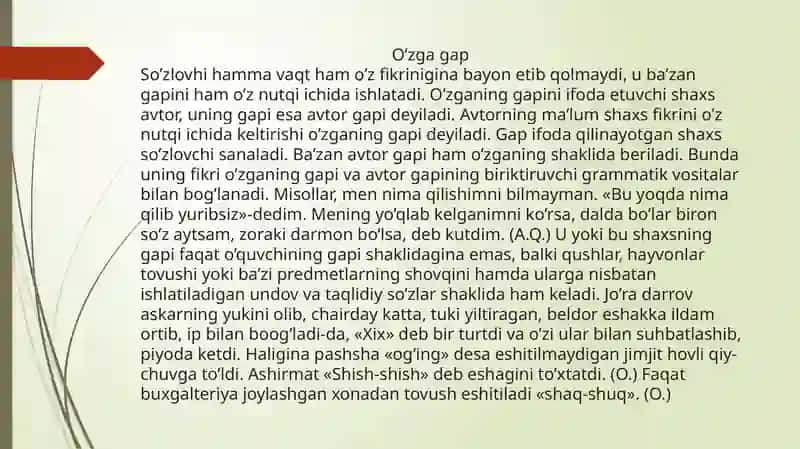 O’zga gap va uning turlari. Ko’chirma gap. O’zlashtirma gap 2