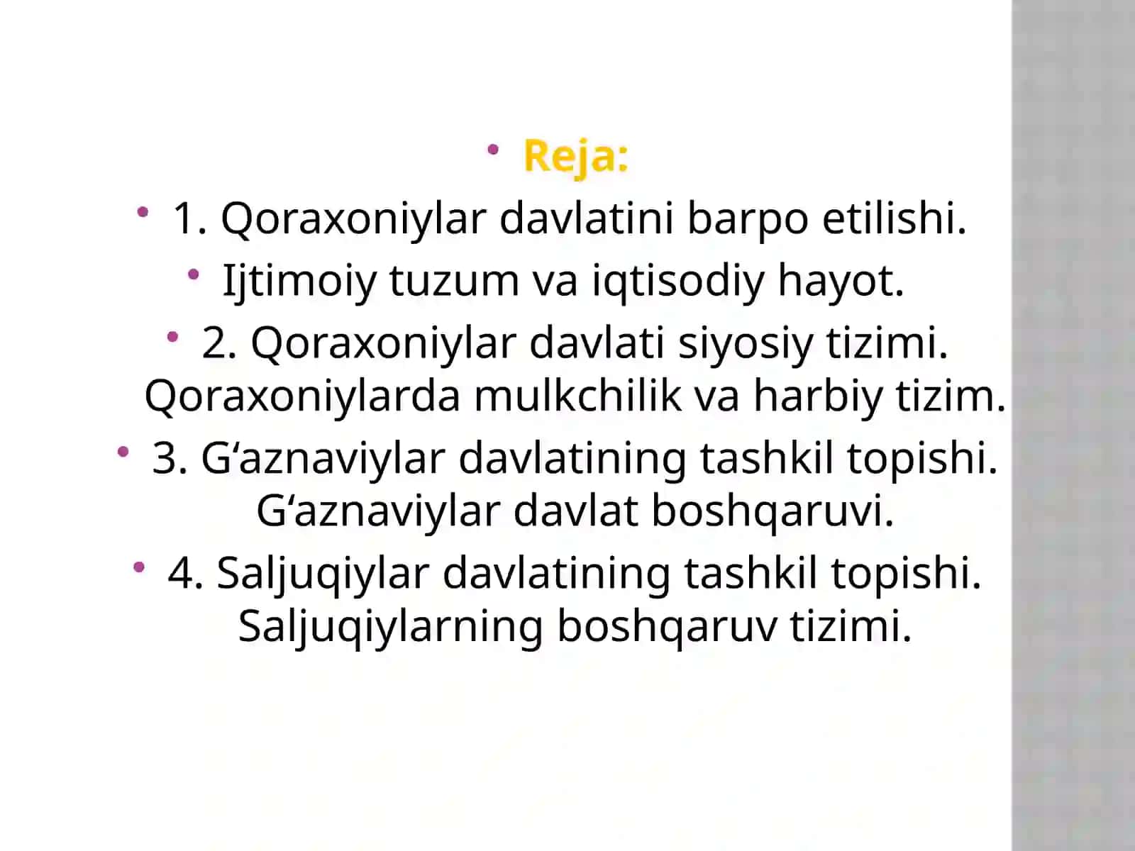 Qoroxoniylardavlati; ma’muriy tuzilishi, hududi; davlat boshqaruvi tartiblari; ijtimoiy - siyosiy tuzumi (Xoqon-Qoroxon); huquq-tartiboti. G‘aznaviylarvaSaljo‘qiylarningboshqaruvtizimi 2