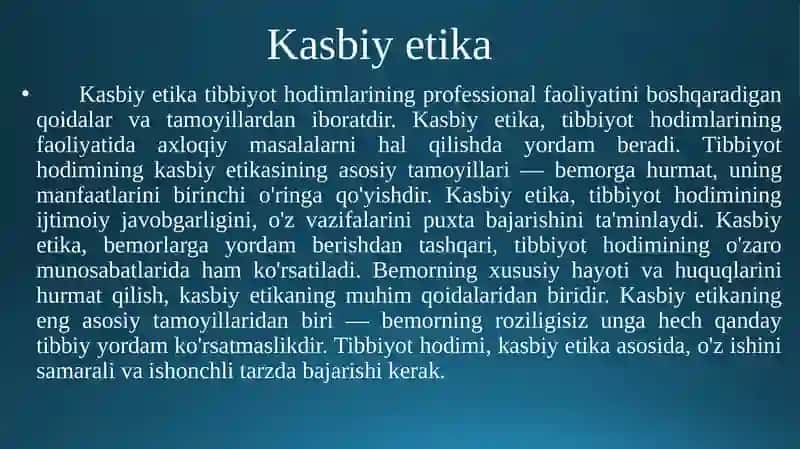 Tibbiyot xodimlarining madaniyati. Kasbiy etika va deontologiya. 2
