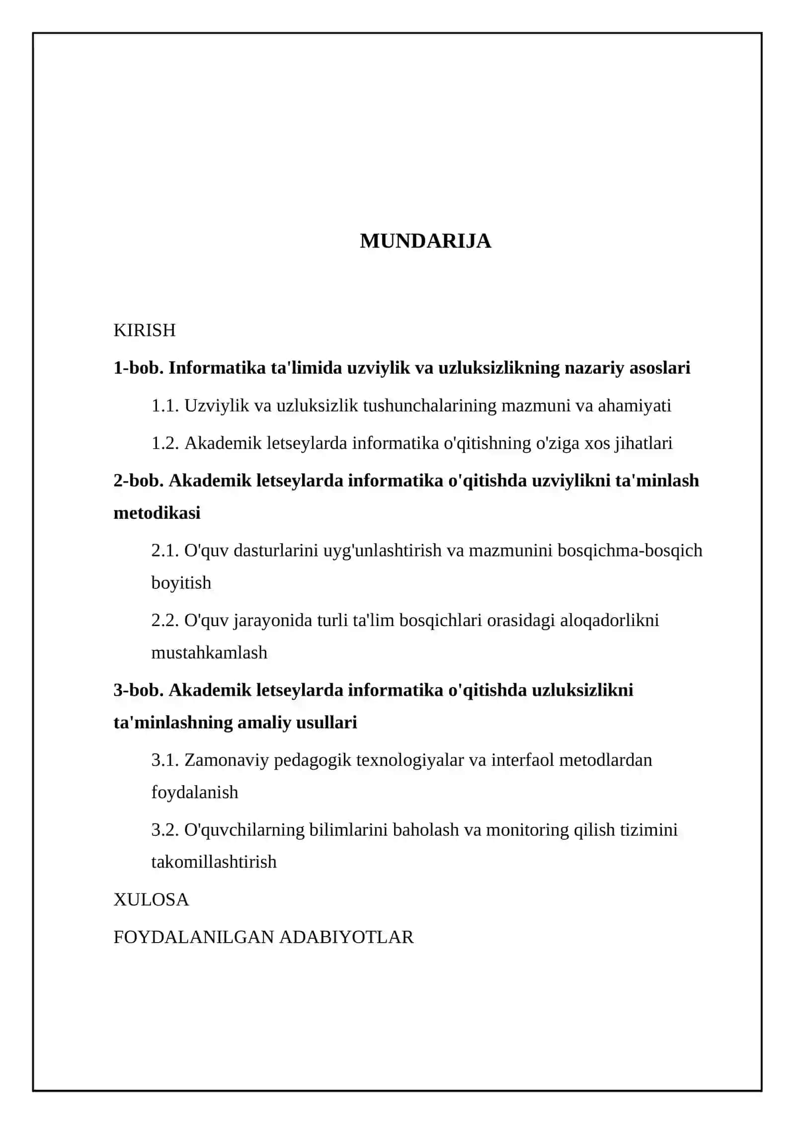 Akademik letseylarda informatika fanini o‘qitishda uzviylik va uzluksizlikni ta'minlash metodikasi 2