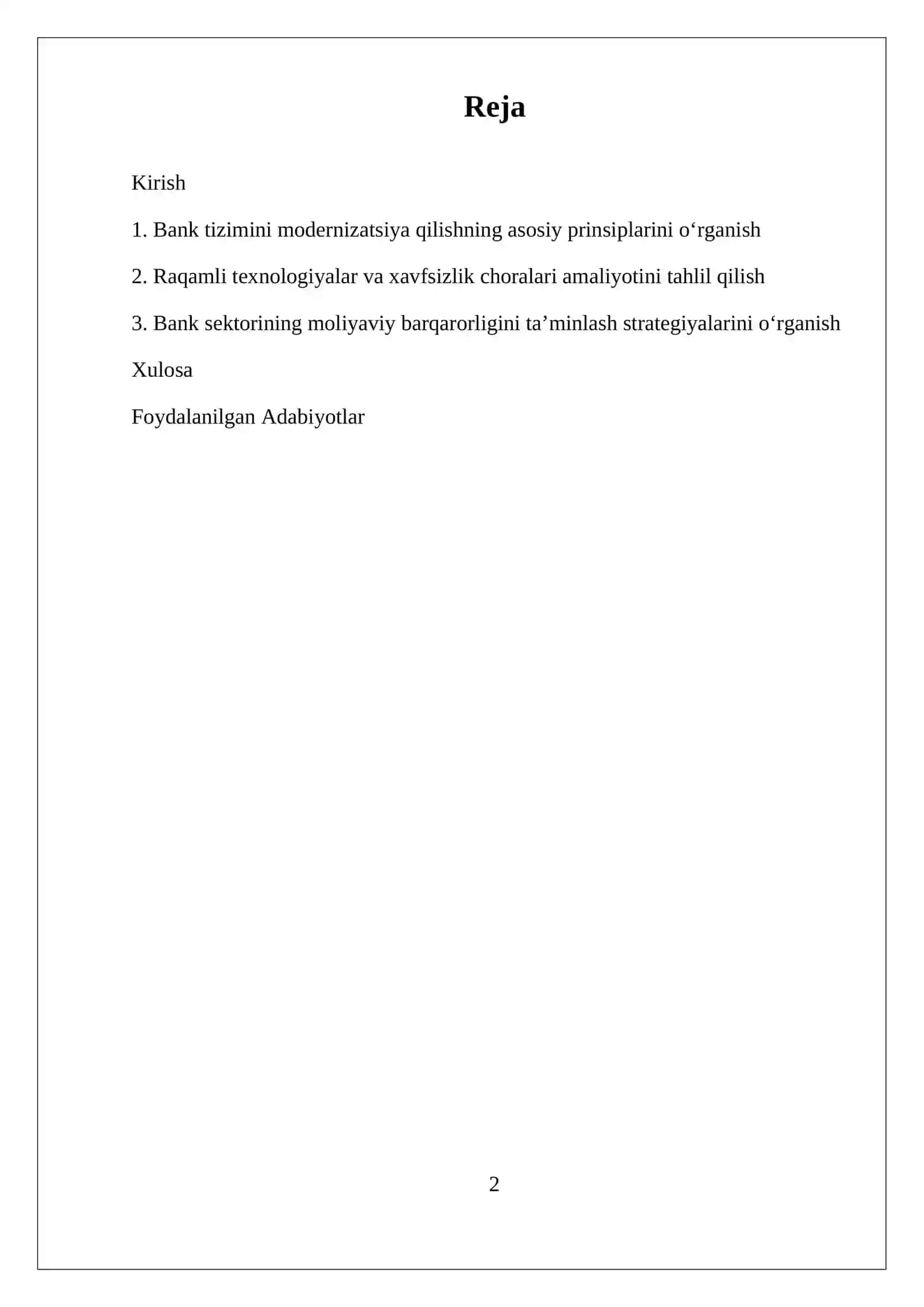 2020-2025 YILLARGA MO'LJALLANGAN O’ZBEKISTAN RESPUBLIKASINING BANK TIZIMINI ISLOX QILISH STRATEGIYASINING ASOSIY YO'NALISHLARI VA AMALIYOTGA TADBIQ ETILISHI HOLATI TAHLILI 2