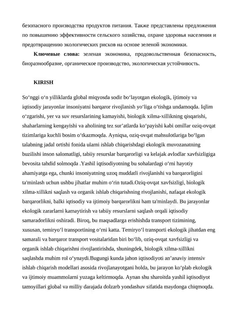 OZIQ-OVQAT XAVFSIZLIGI, BIOLOGIK XILMA-XILLIKNI TA’MINLASH VA ORGANIK ISHLAB CHIQARISHDA YASHIL IQTISODIYOTNING AHAMIYATI 2