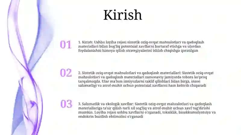 Sintetik Oziq-Ovqat Mahsulotlari Vа Qаdоqlаsh-O’Rаsh Mаtеriаllаri Zаrаri, Ulаrni Хаvfsizlаntirish Yo’Llаri Korxona Loyihasini Bosh Rejasi 2