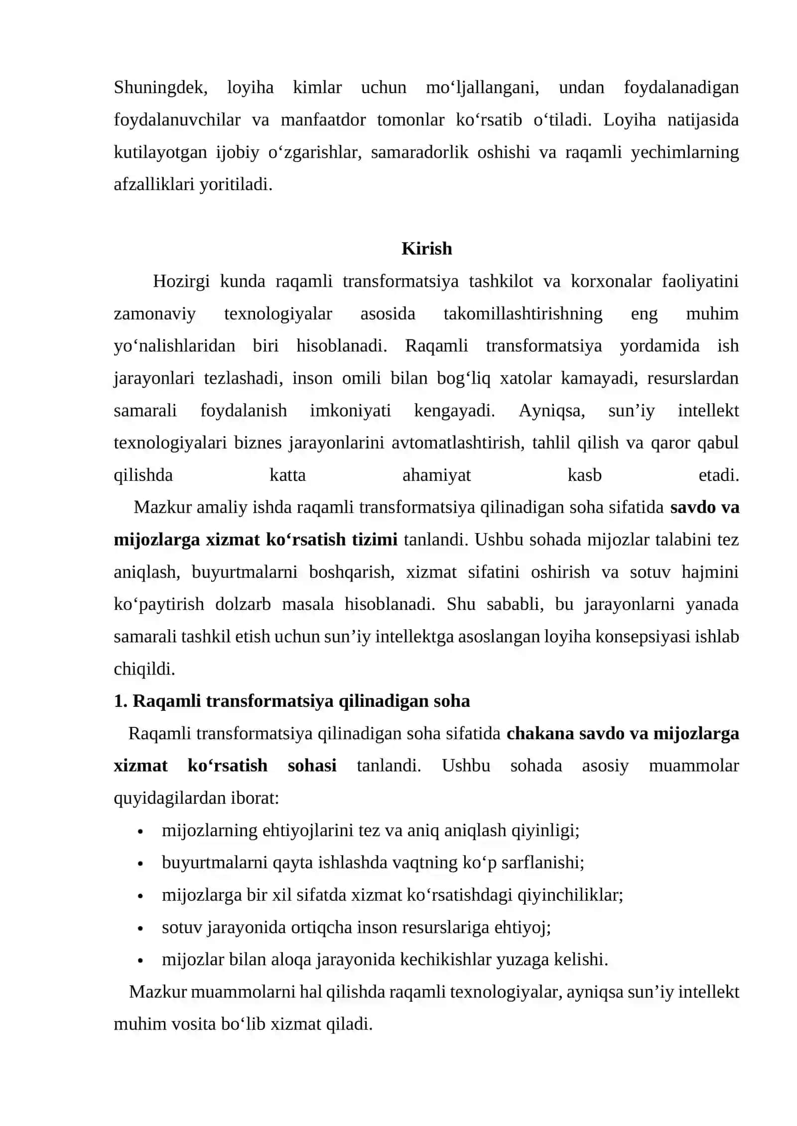 Amaliy ish. Raqamli transformatsiya uchun loyiha konsepsiyasi yaratish (sun’iy intellekt, Big Data yoki IoT asosida) 2