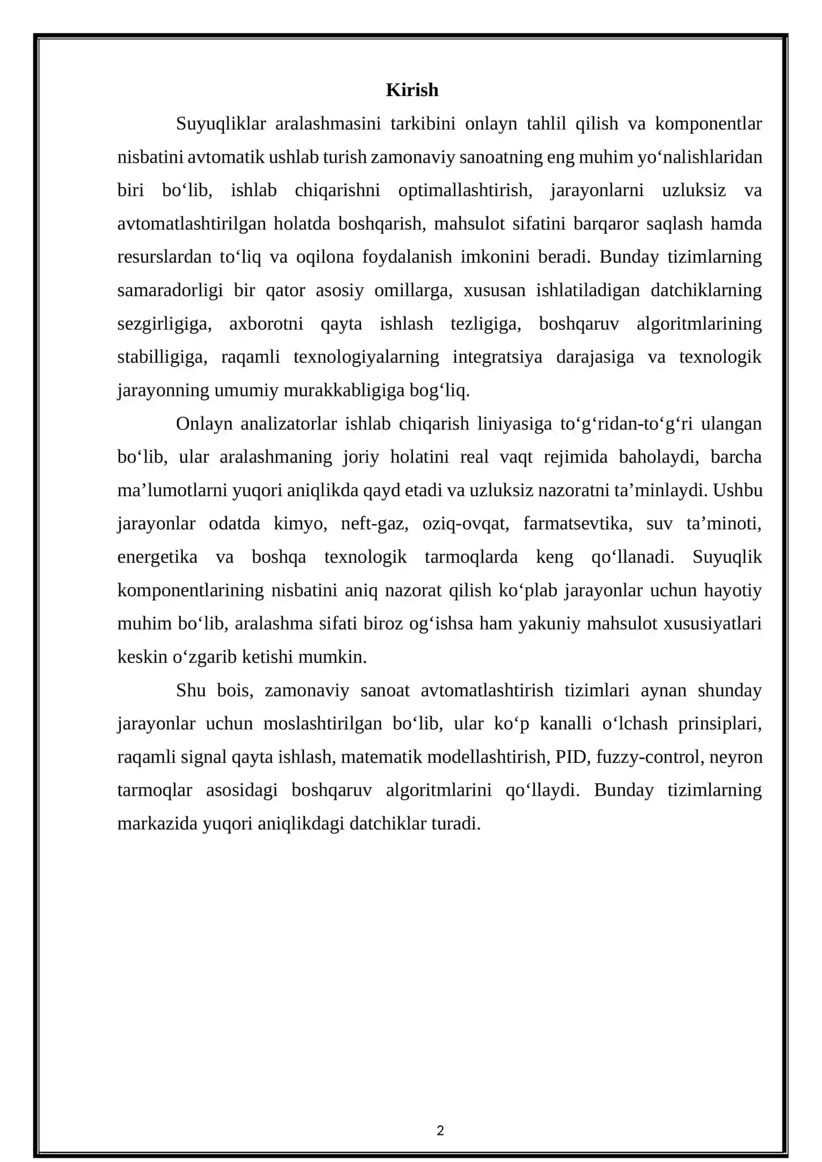 Suyuqliklar aralashmasini tarkibini onlayn tahlil qilish va komponentlar nisbatini avtomatik ushlab turish 2